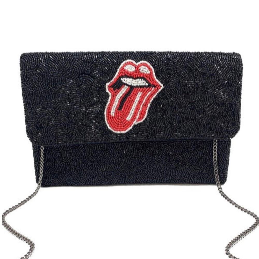 Beaded Black Rolling Stones Clutch / Crossbody - NEW